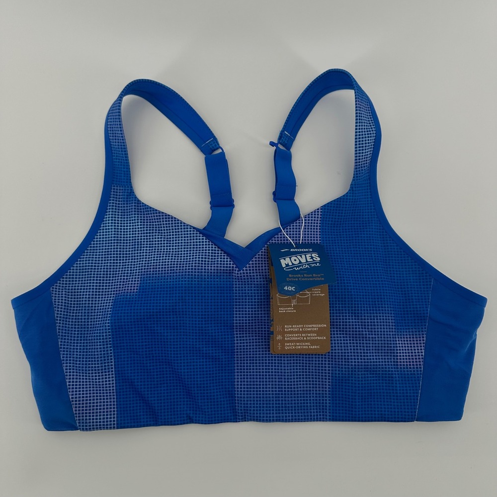Brooks Drive Convertible Run Bra Blue Grid Print 40C NWT